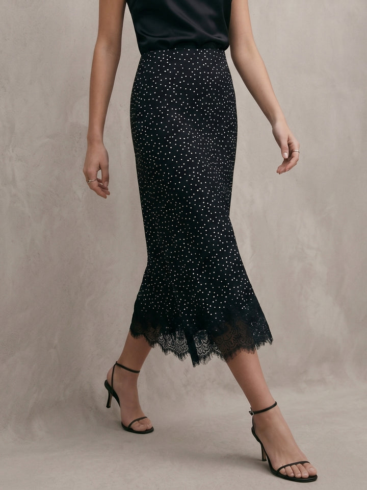 Black Midi Skirt In Polka Dot Fabric With Eyelace Lace Hem Detail