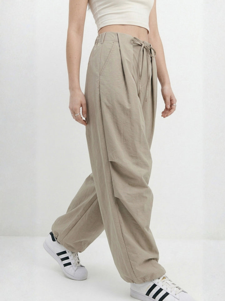 Khaki Baggy Fit Trousers With Belt Detail