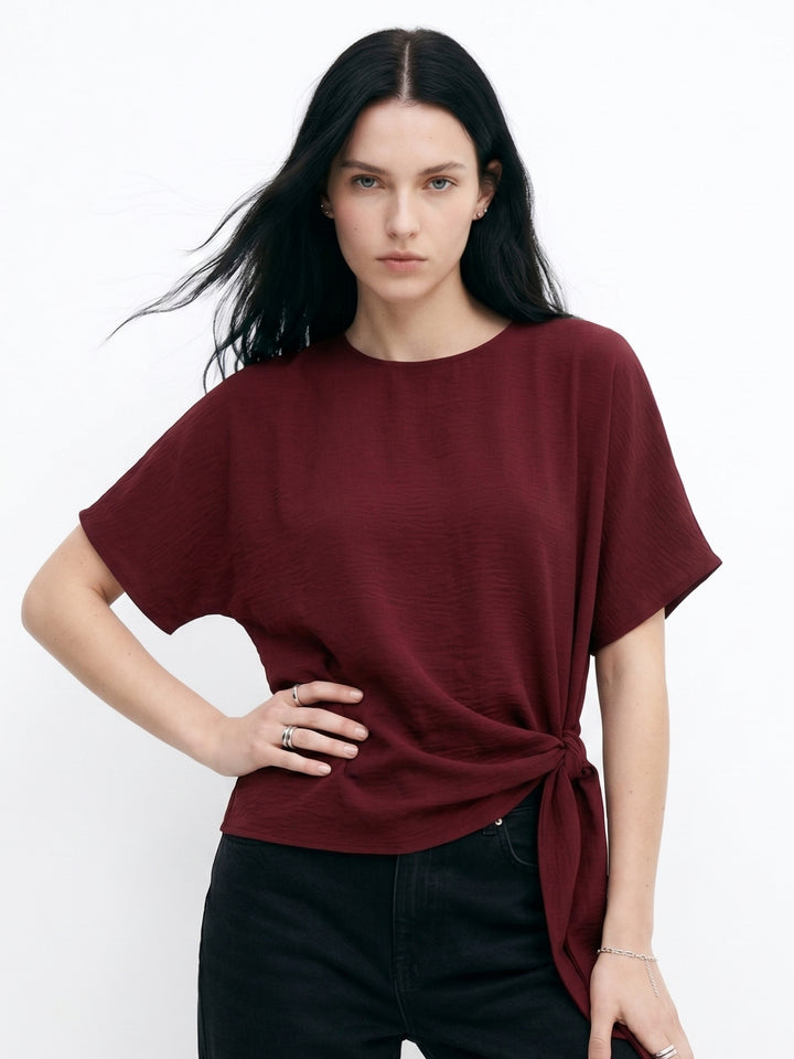 Wine Waist Tie-Up Crew Neck Tops