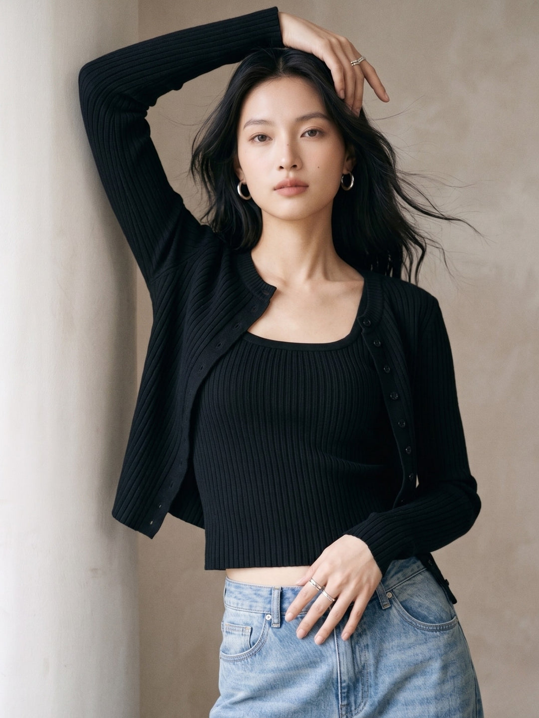 Black Striped Textured Cardigan Styled 2Pcs Top