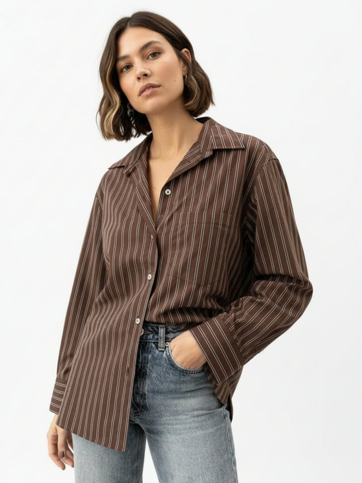 Brown Striped Oversized Single Pocket Shirt