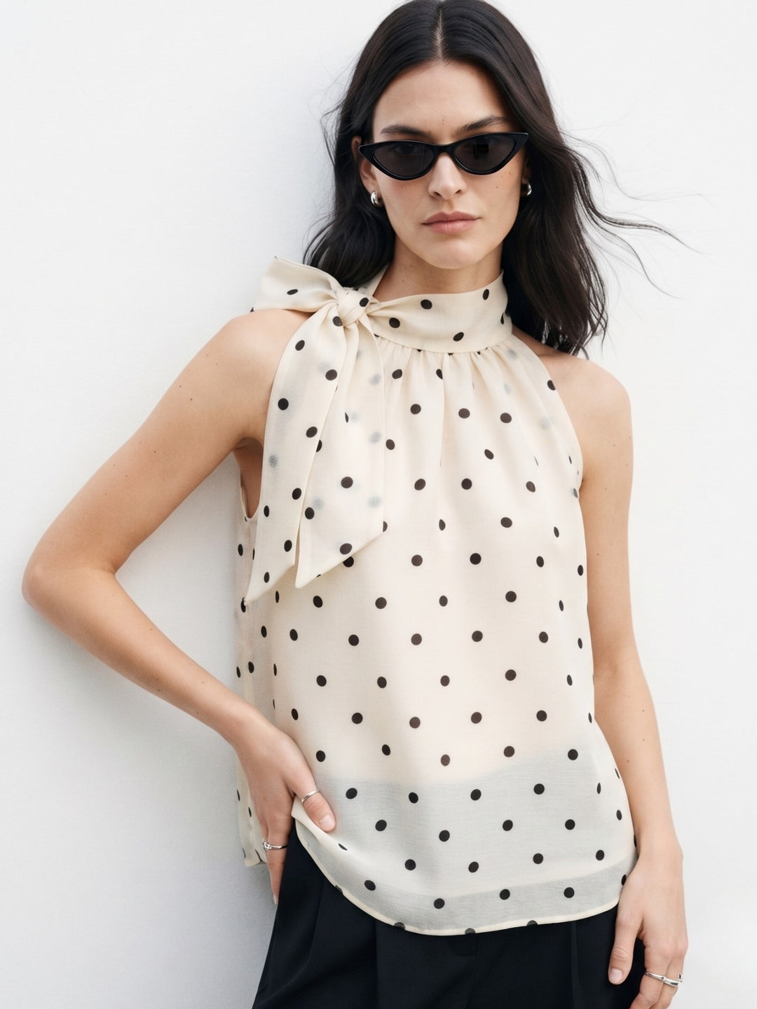 Off White Neck Tie-Up Polka Printed Top