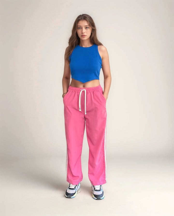 Pink Contrast Striped Wide Leg Joggers