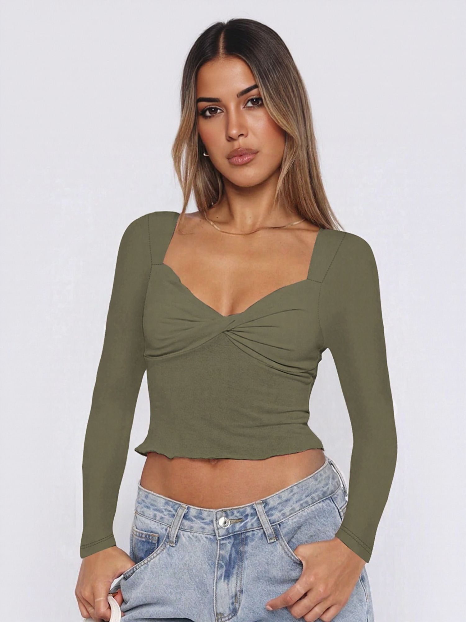 Olive Fitted Knit Top With Twist Detail At Front