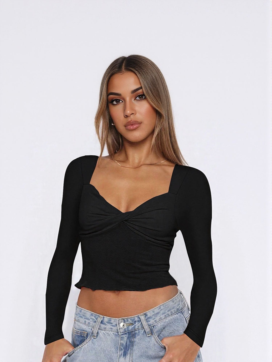 Black Fitted Knit Top With Twist Detail At Front