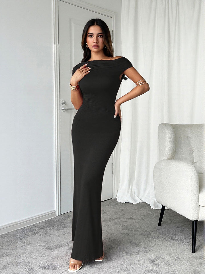 Black Off Shoulder Maxi Dress With Ruching At Side