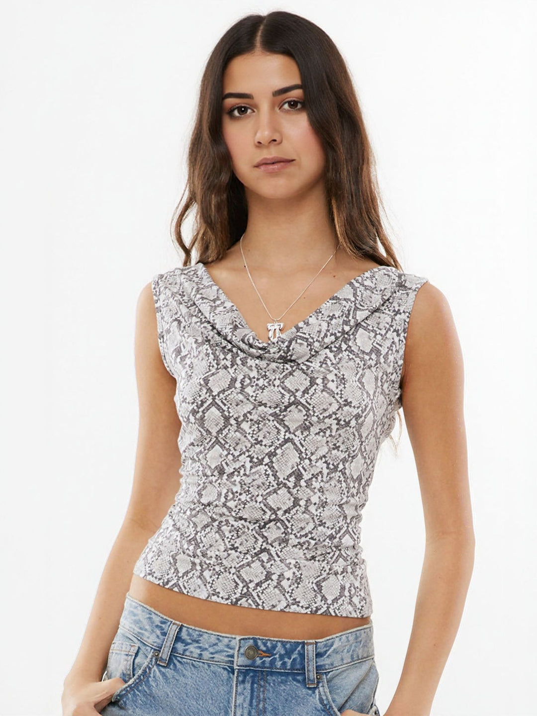 Grey Cowl Neck Animal Print Top