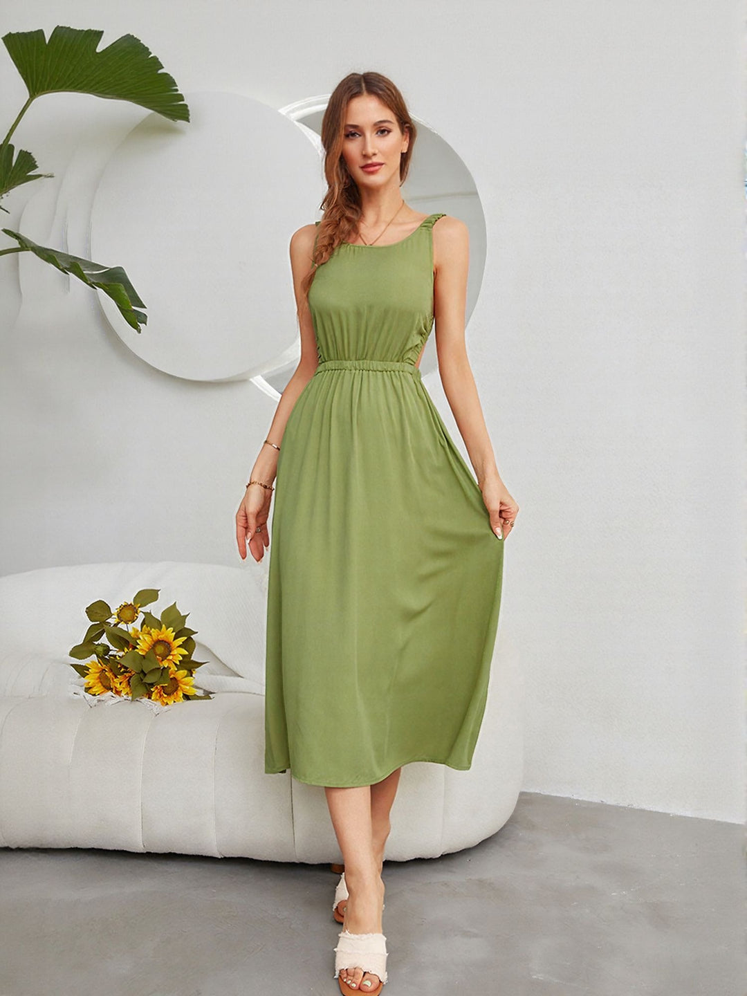 Green Elasticated Waist A-Line Dress
