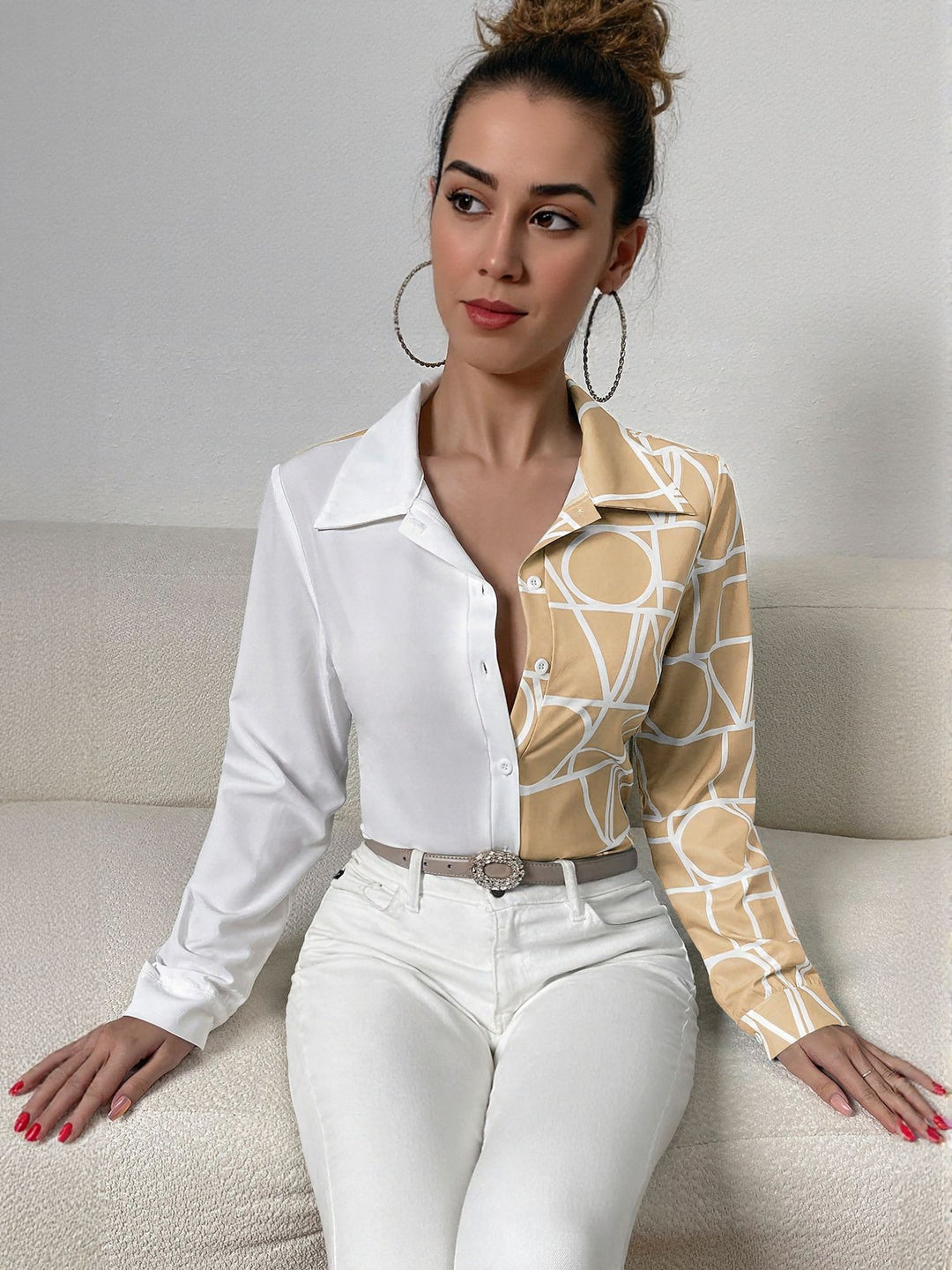 Khaki Colour Block Printed Shirt