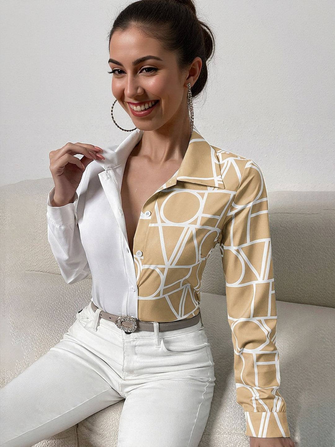 Khaki Colour Block Printed Shirt