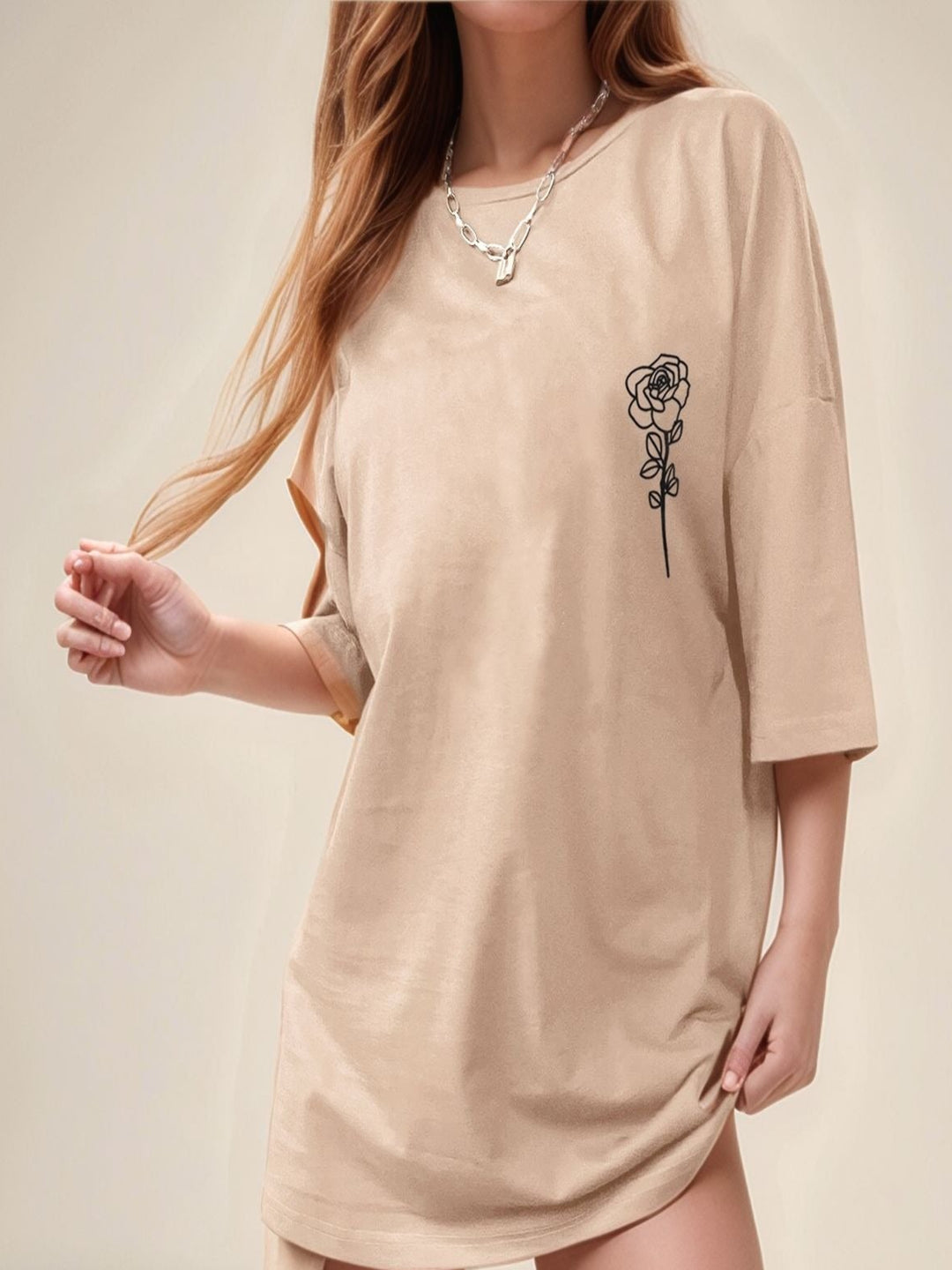 Khaki Oversized Small Graphic Print T-Shirt