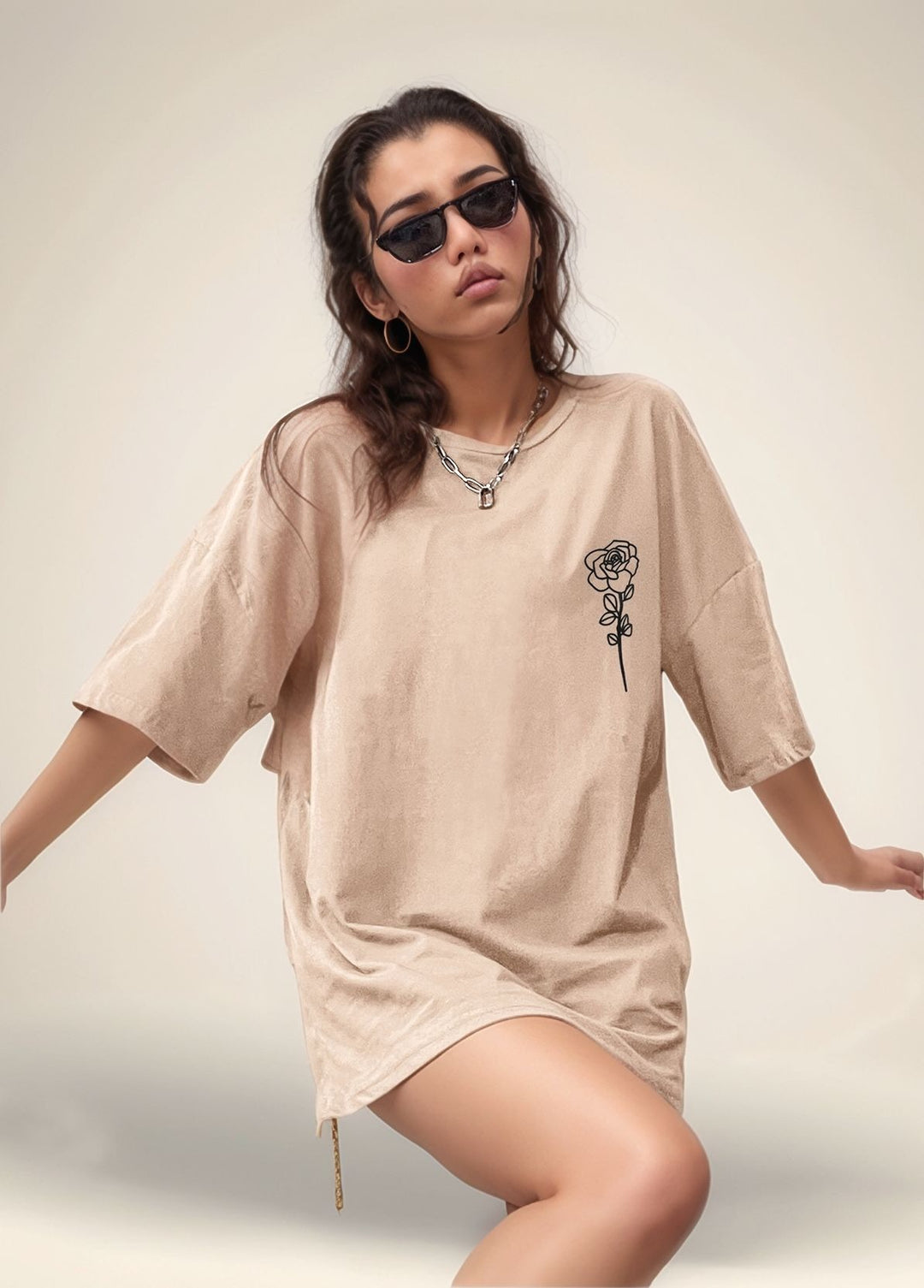 Khaki Oversized Small Graphic Print T-Shirt