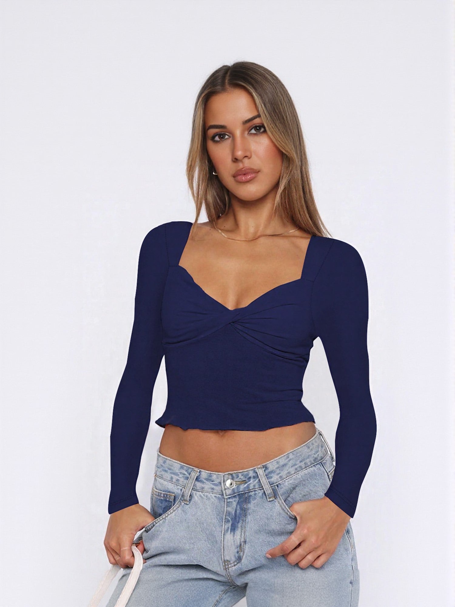 Blue Fitted Knit Top With Twist Detail At Front