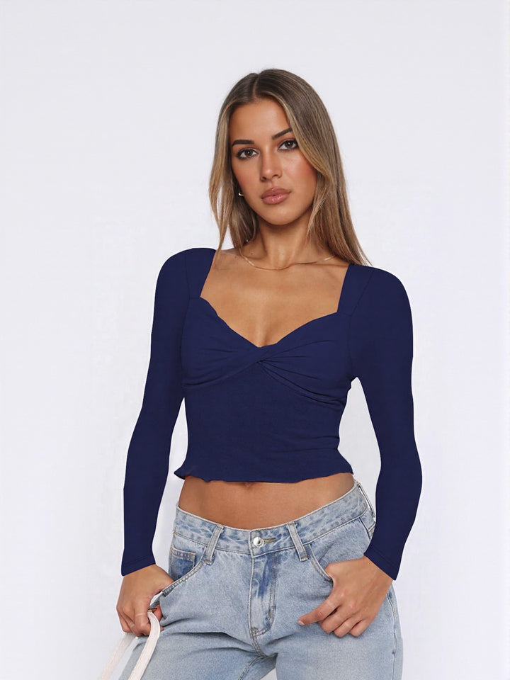 Blue Fitted Knit Top With Twist Detail At Front