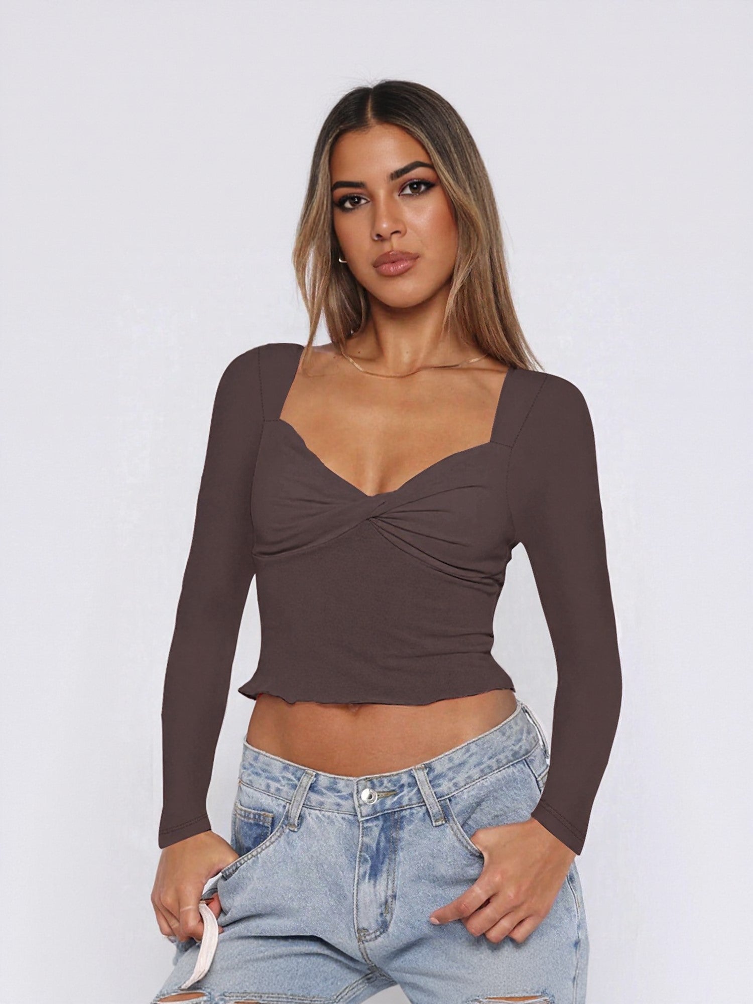 Brown Fitted Knit Top With Twist Detail At Front