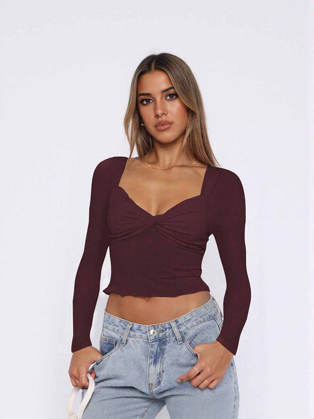 Wine Fitted Knit Top With Twist Detail At Front