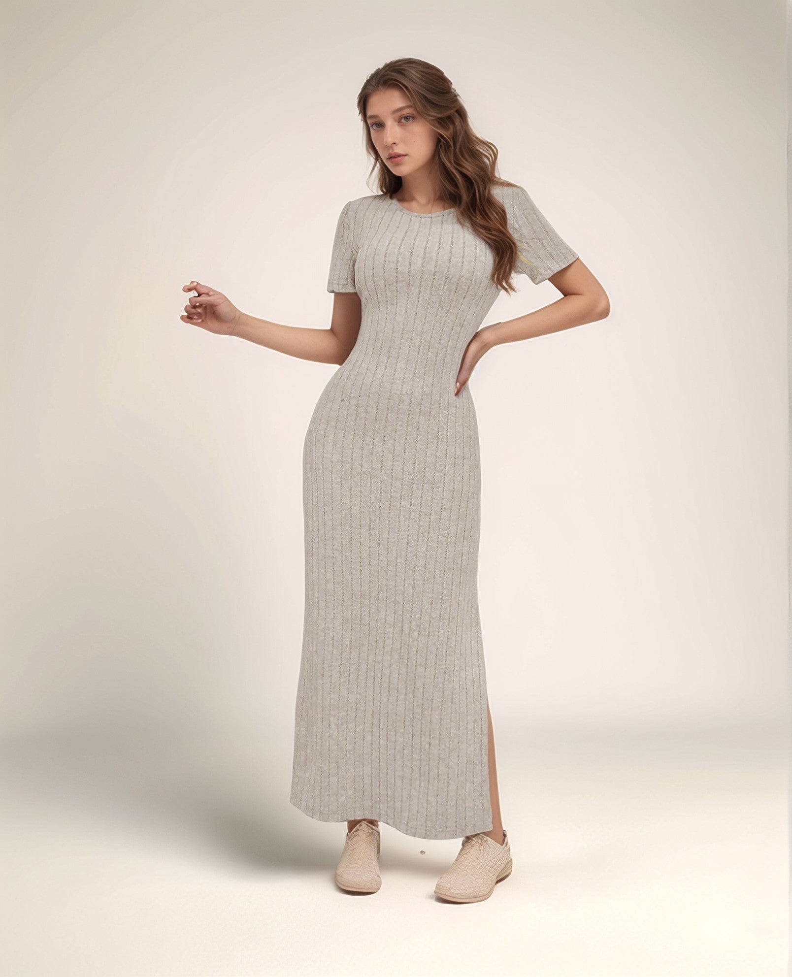 Beige Jersey High Slit Dress