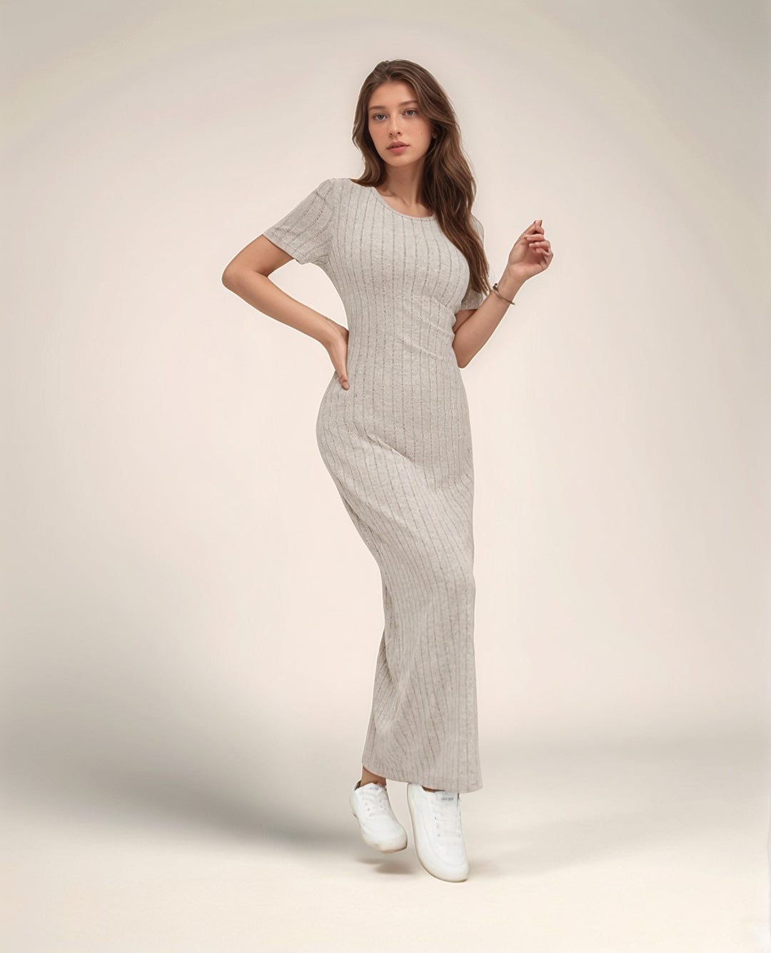 Beige Jersey High Slit Dress