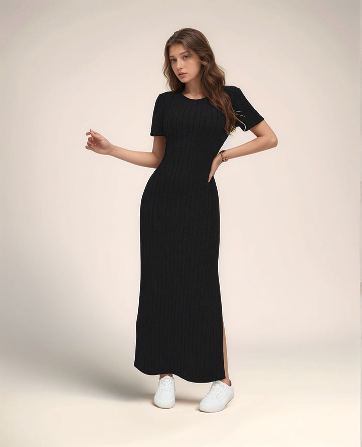 Black Jersey High Slit Dress