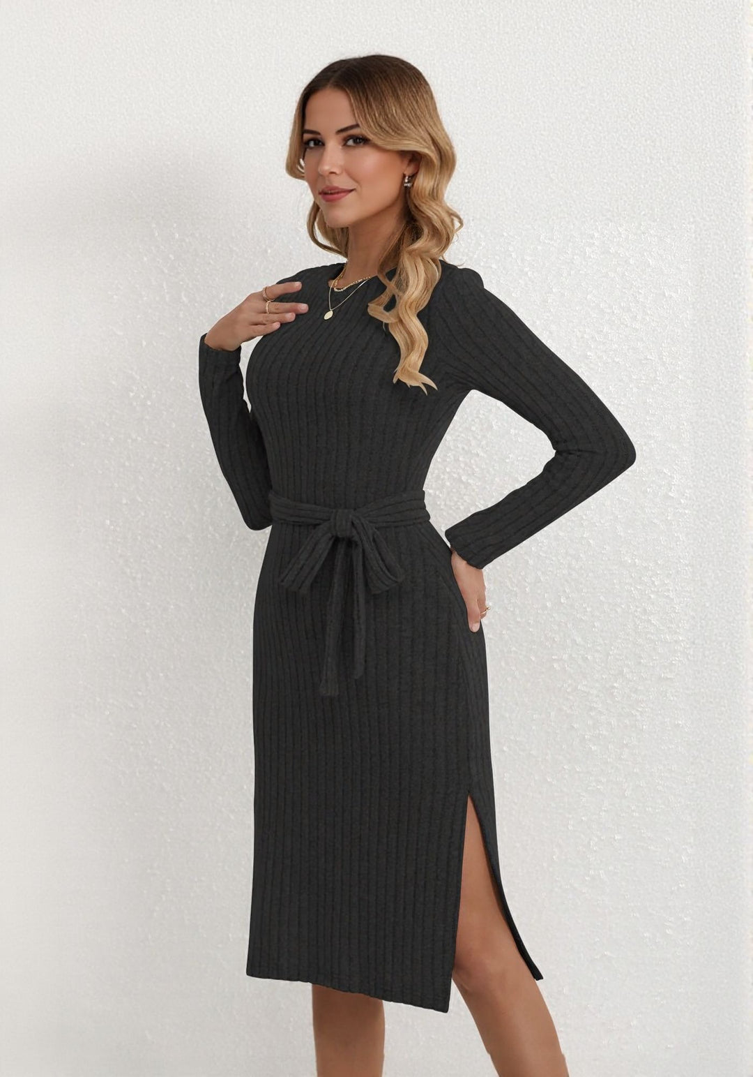 Black Midi Dress with Waist Tie Belt