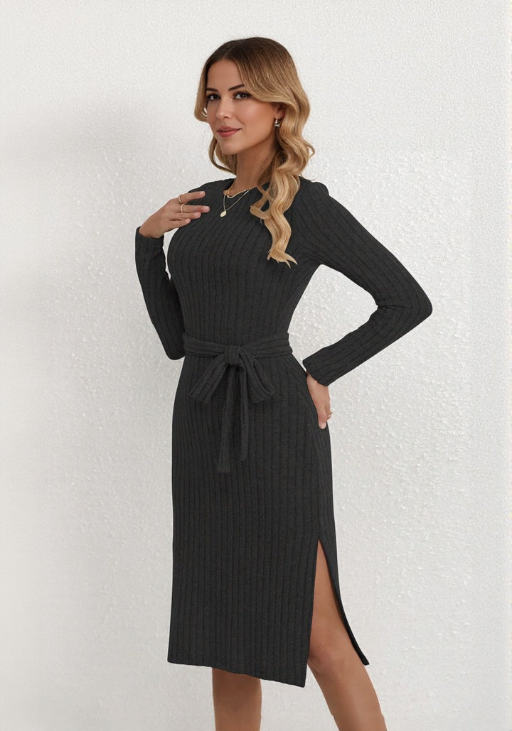 Black Midi Dress with Waist Tie Belt