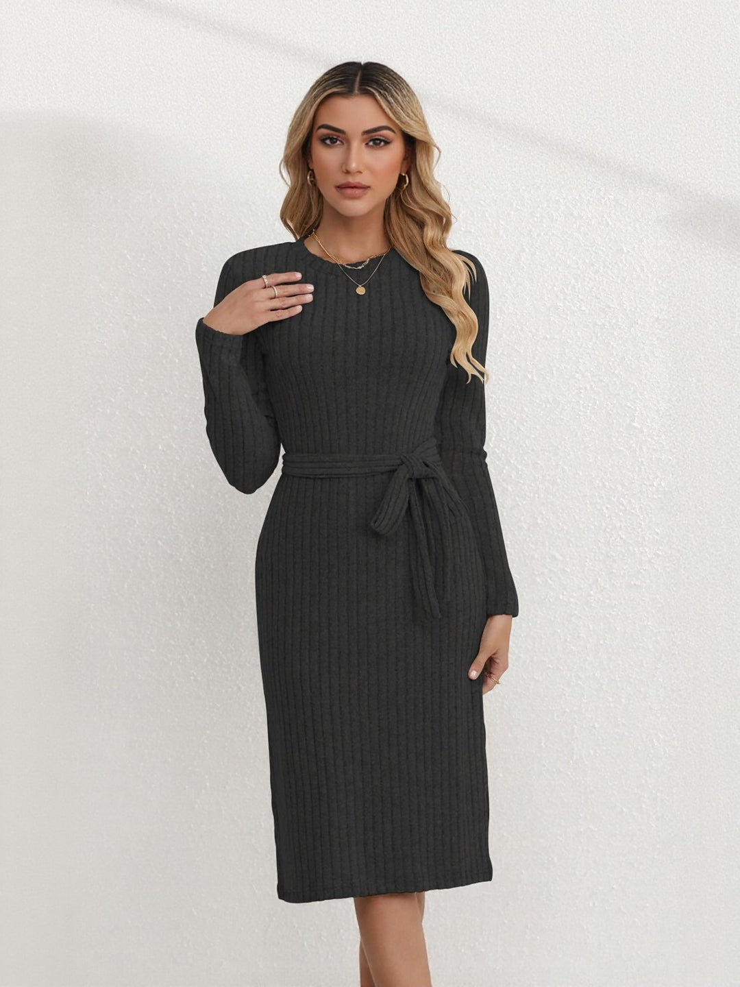 Black Midi Dress with Waist Tie Belt