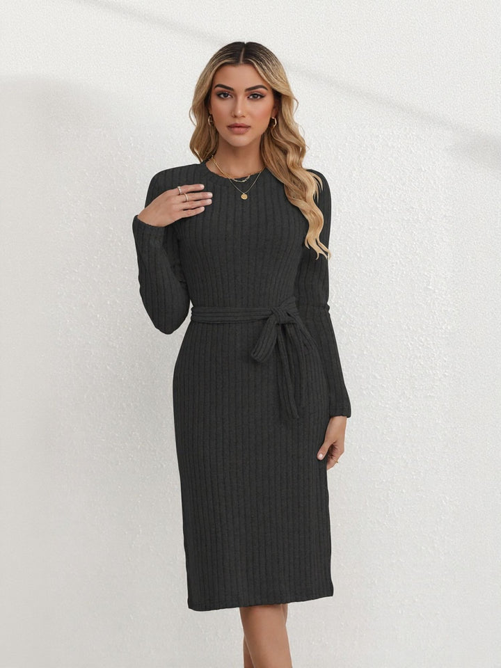 Black Midi Dress with Waist Tie Belt