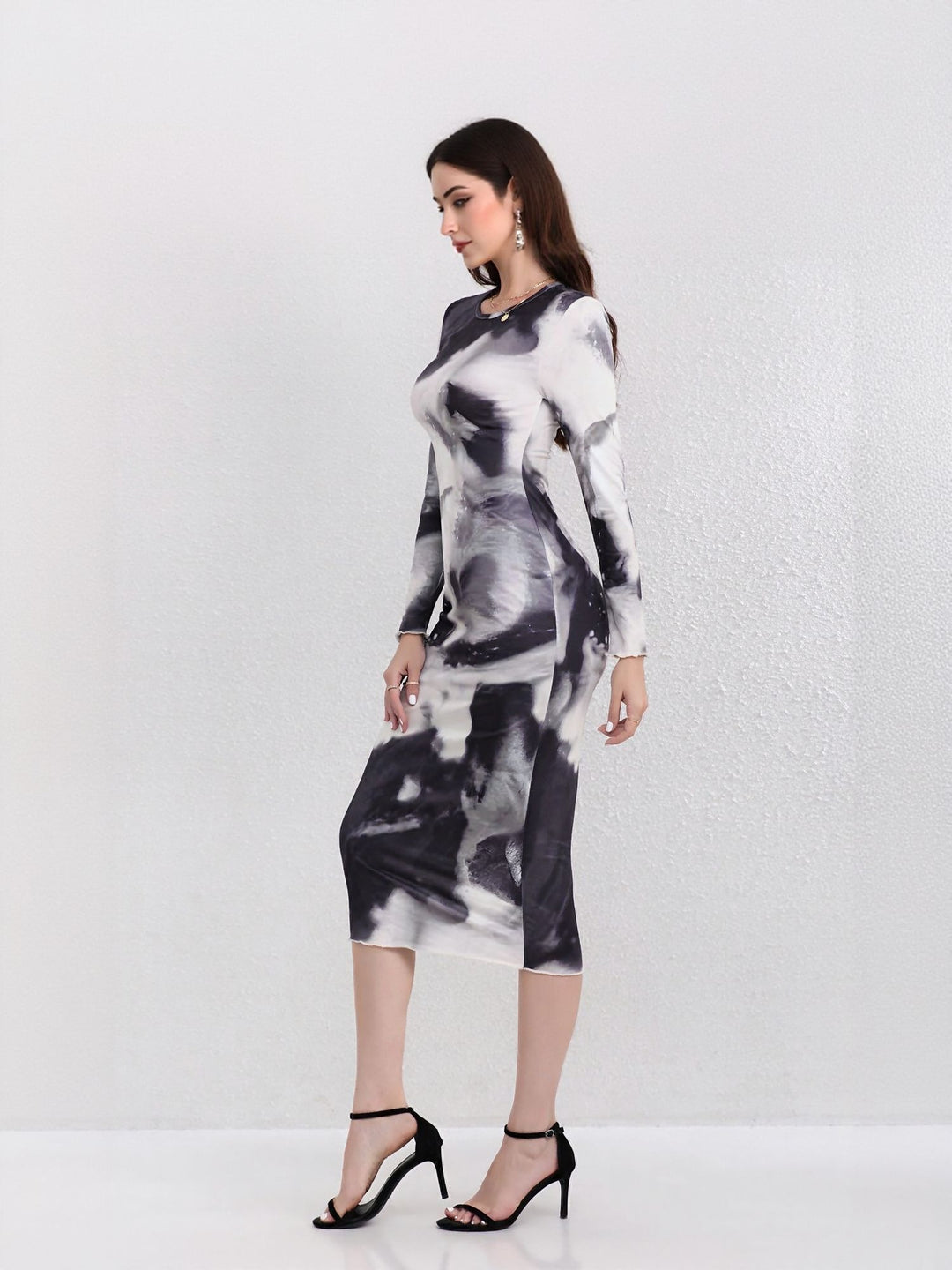 Black Abstract Print Fitted Dress