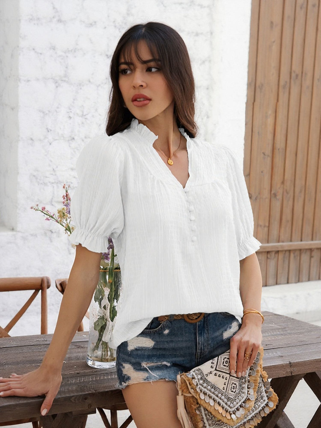White Peasant Top With Button Detail