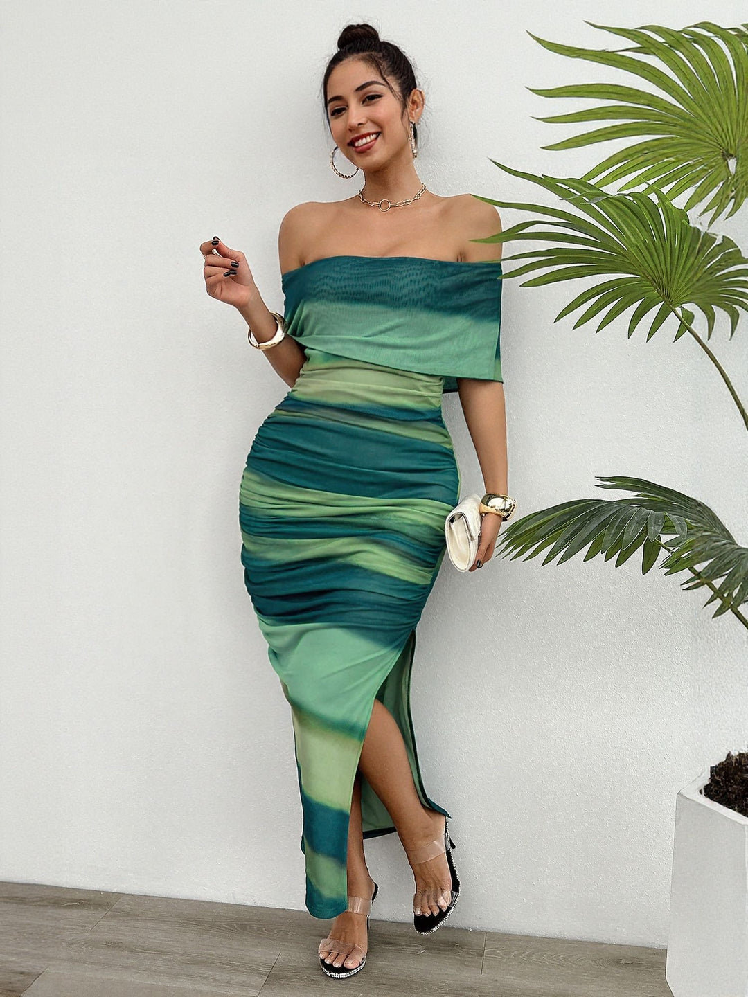 Green Off Shoulder Fitted Maxi Dress