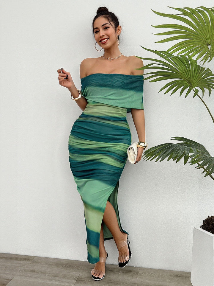 Green Off Shoulder Fitted Maxi Dress