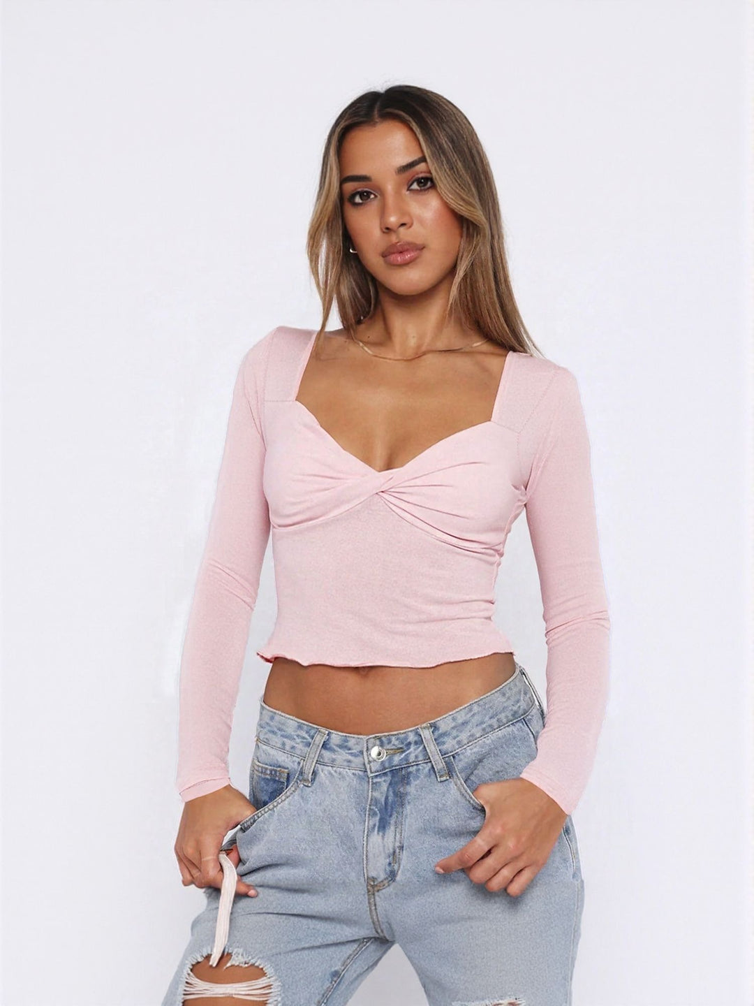 Pink Fitted Knit Top With Twist Detail At Front