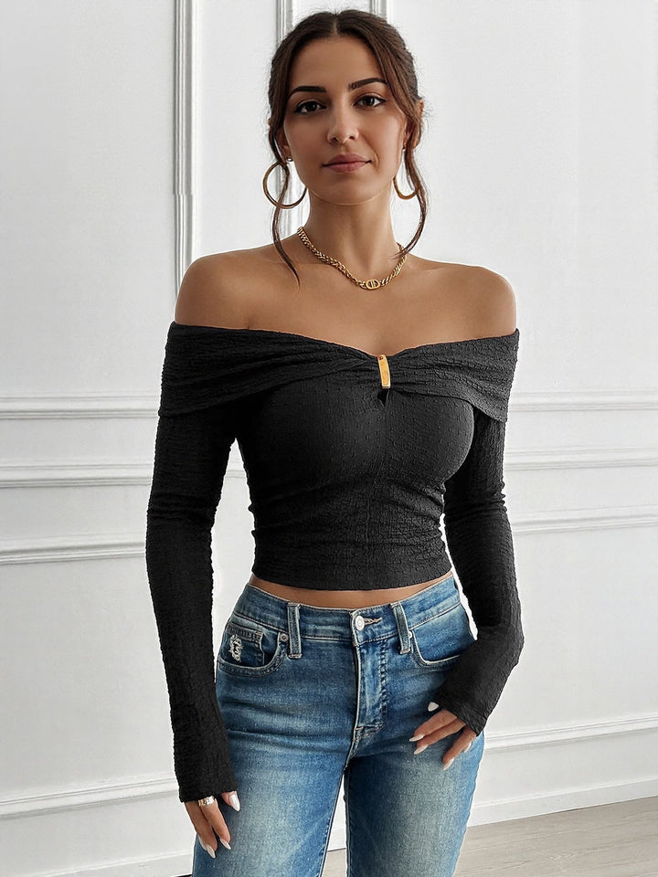 Black Off Shoulder Textured Top