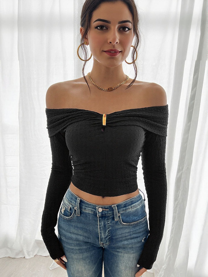 Black Off Shoulder Textured Top
