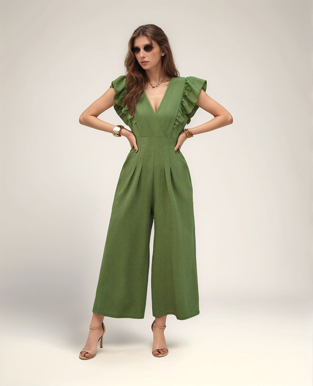 Green Wide Leg Jumpsuit With Ruffle Detail
