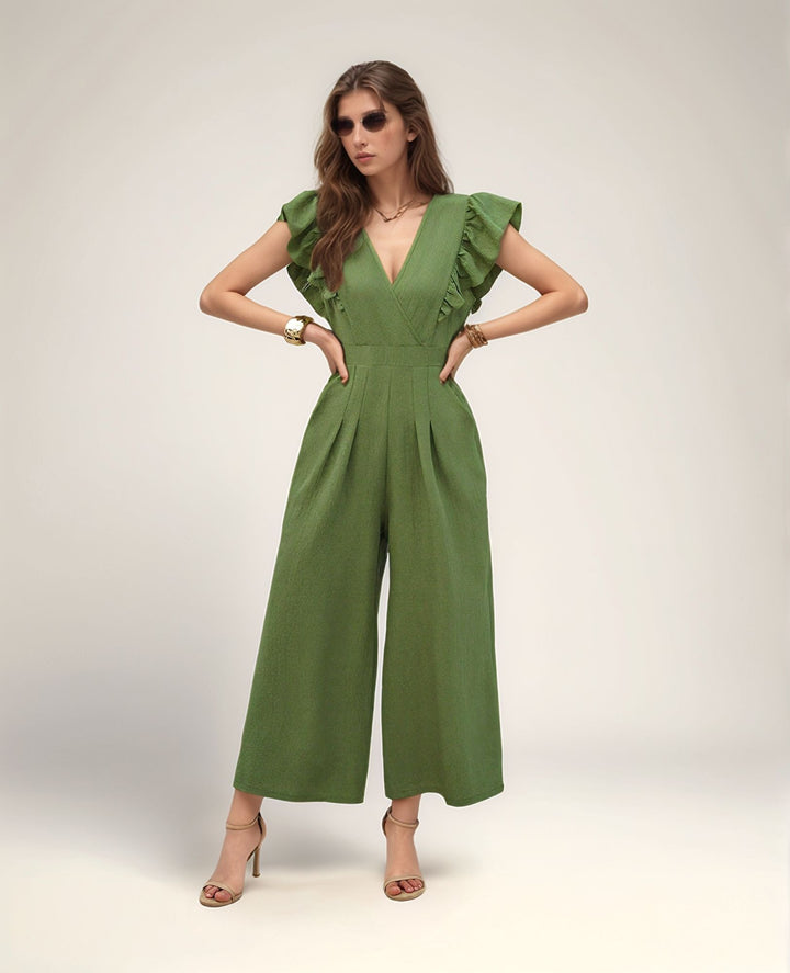 Green Wide Leg Jumpsuit With Ruffle Detail