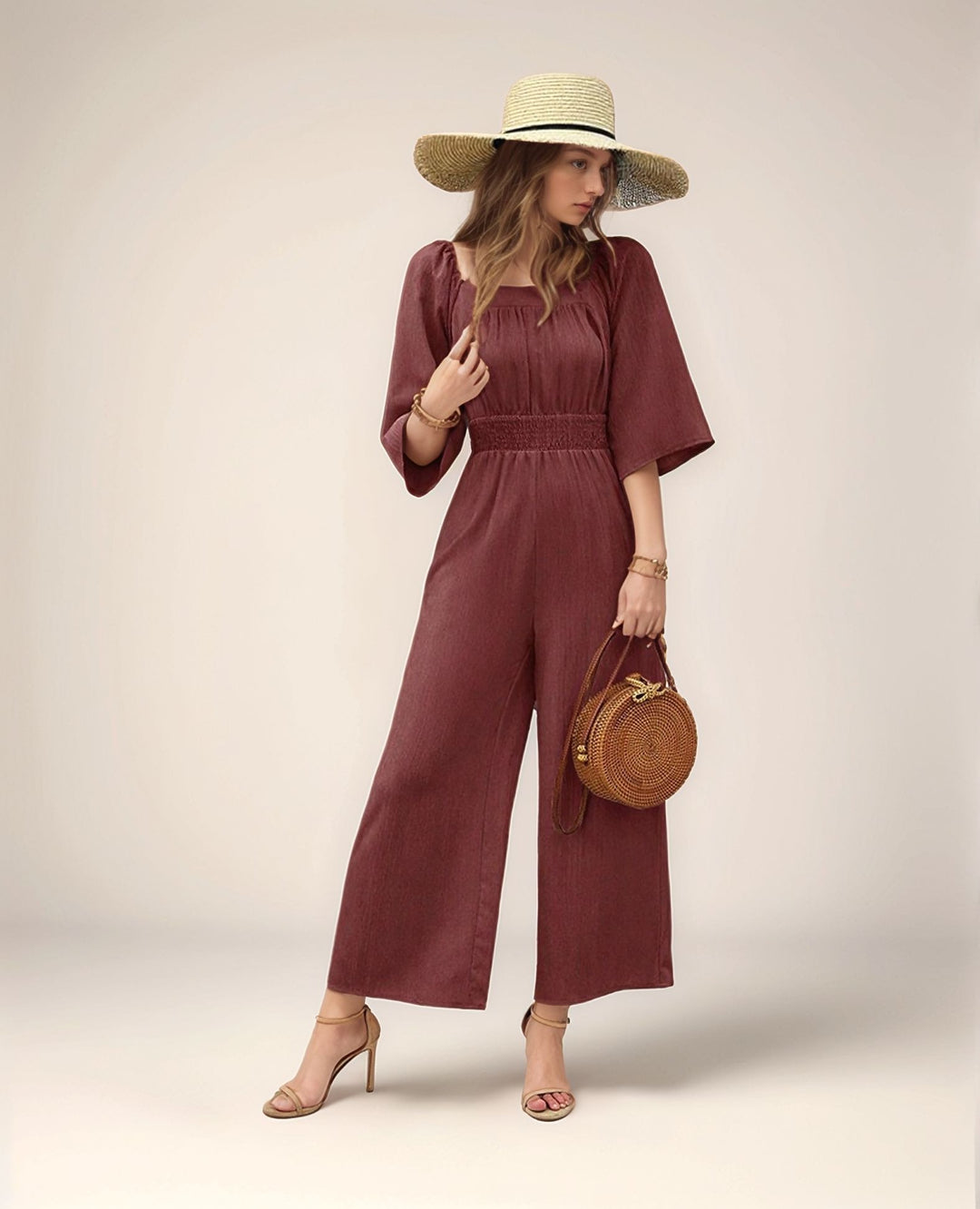 Brown Wide Leg Jumpsuit With Smocking Detail