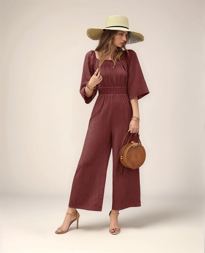 Brown Wide Leg Jumpsuit With Smocking Detail