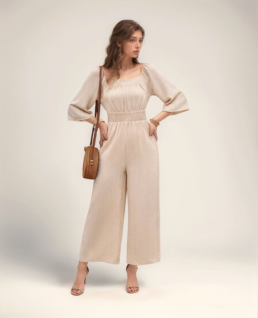 Cream Wide Leg Jumpsuit With Smocking Detail
