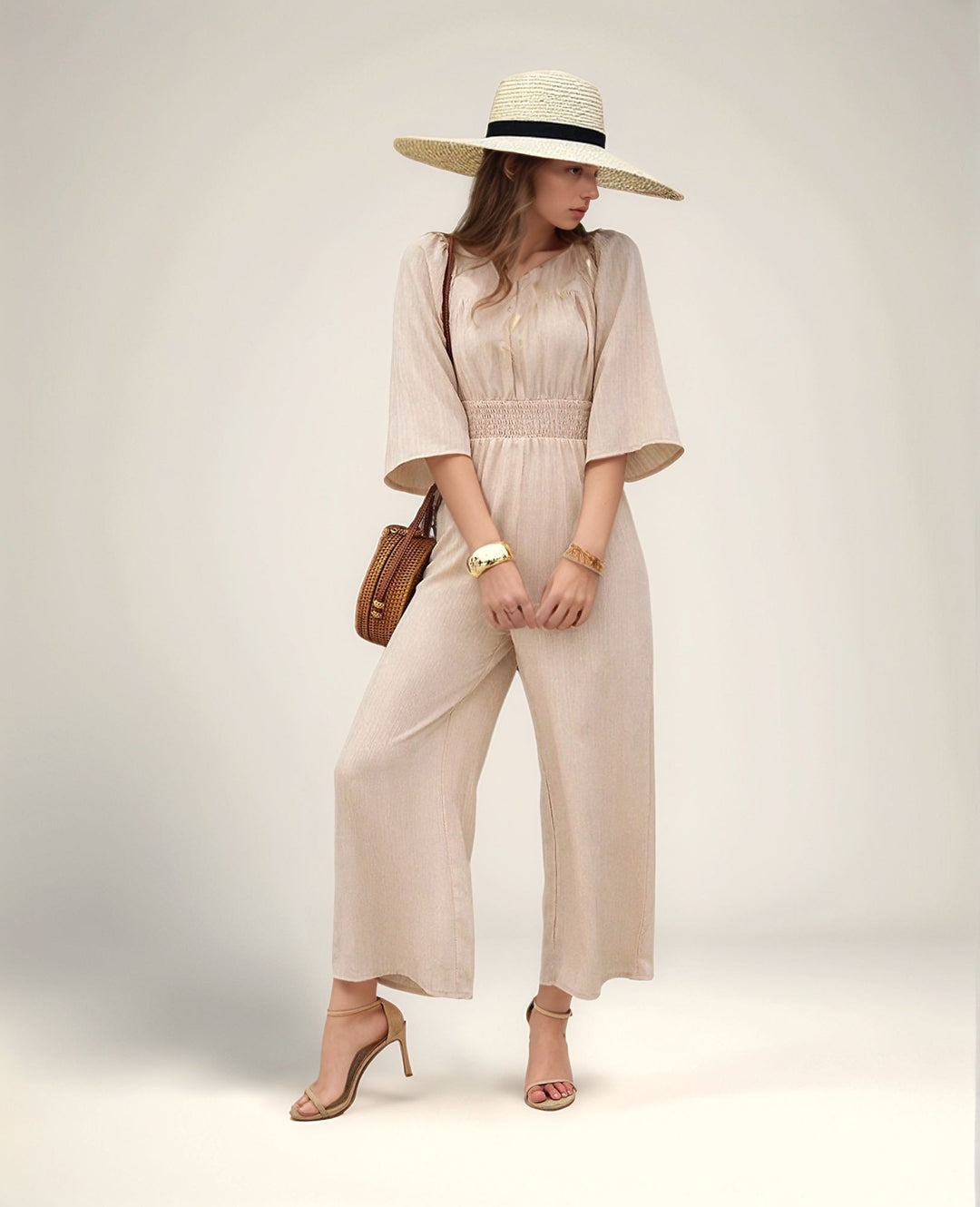 Cream Wide Leg Jumpsuit With Smocking Detail