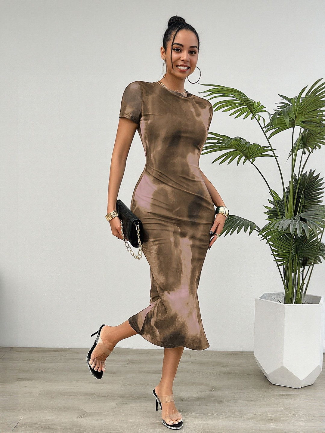 Khaki Power Mesh Midi Dress