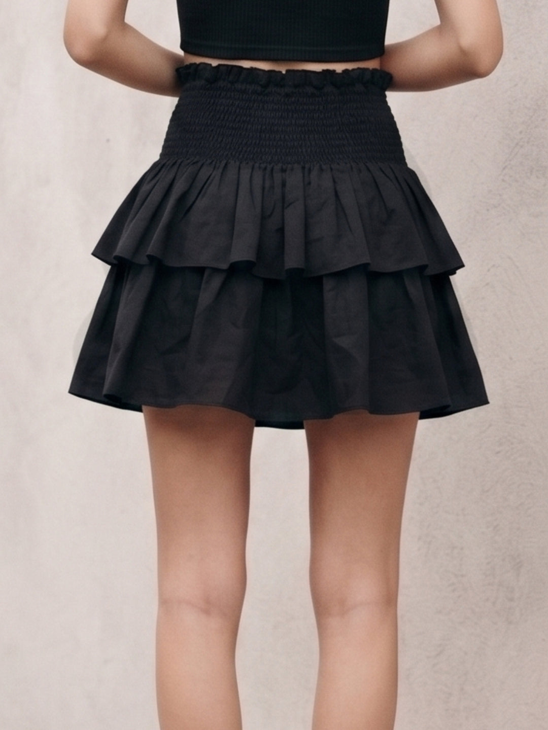 Black Embellished Ruffled Tiered Mini Skirt