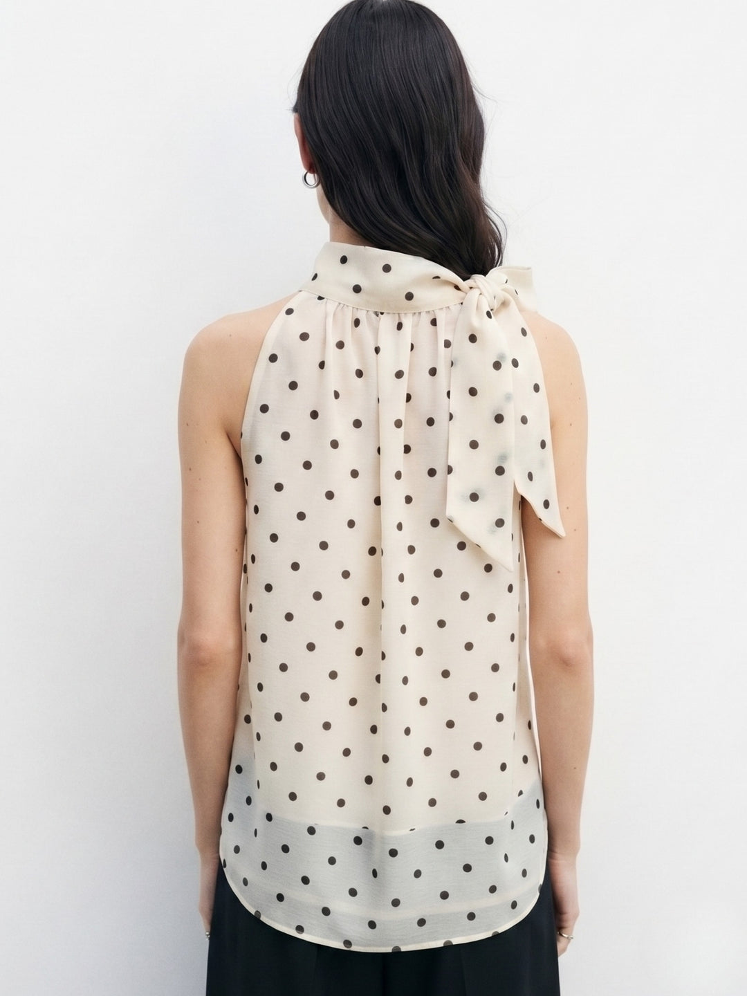 Off White Neck Tie-Up Polka Printed Top