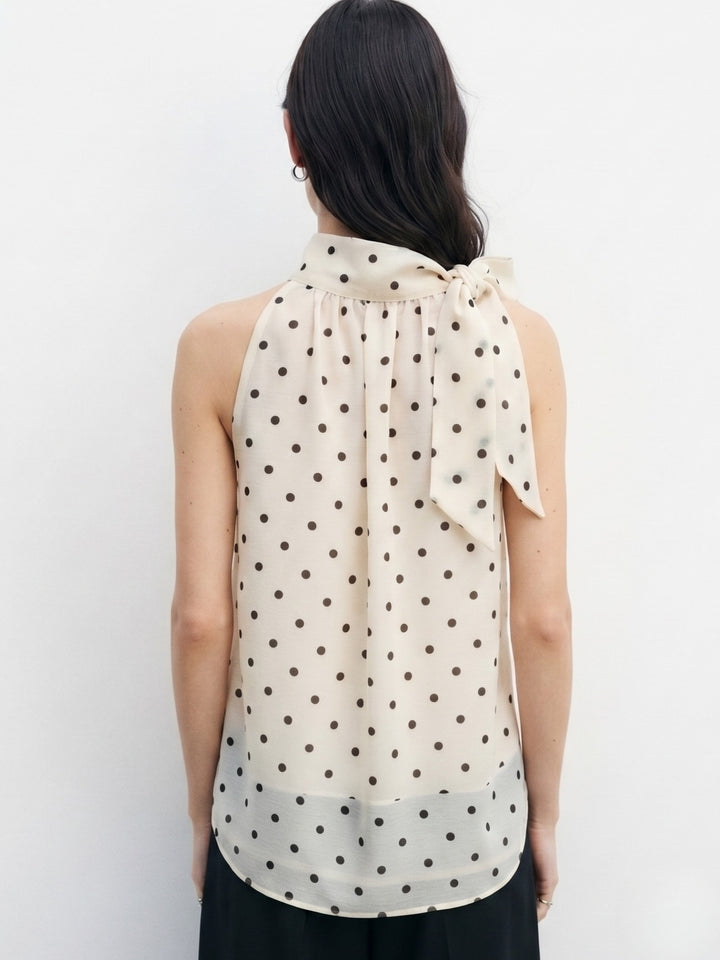 Off White Neck Tie-Up Polka Printed Top