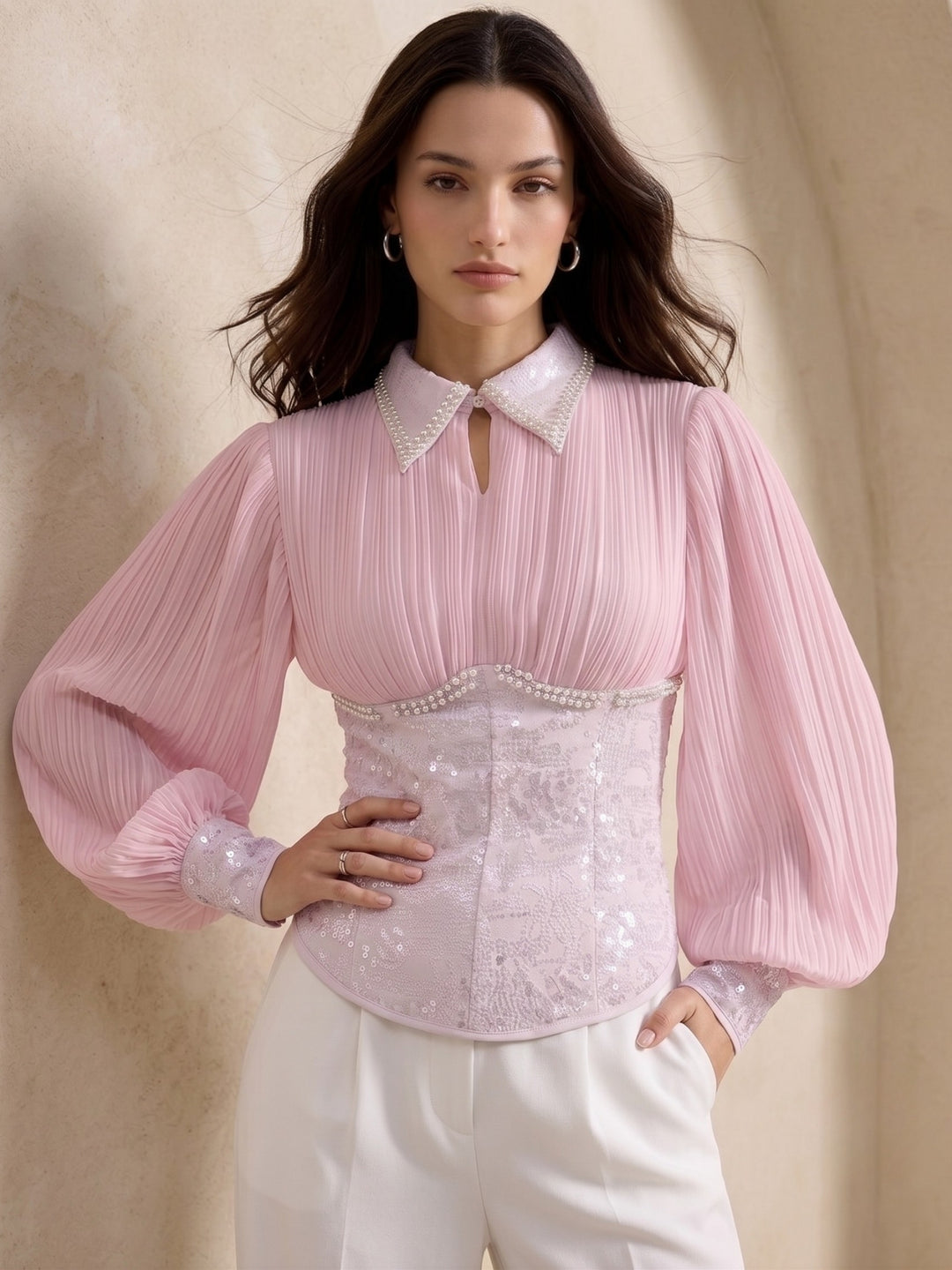 Pink Balloon Sleeve Corset Fitted Top