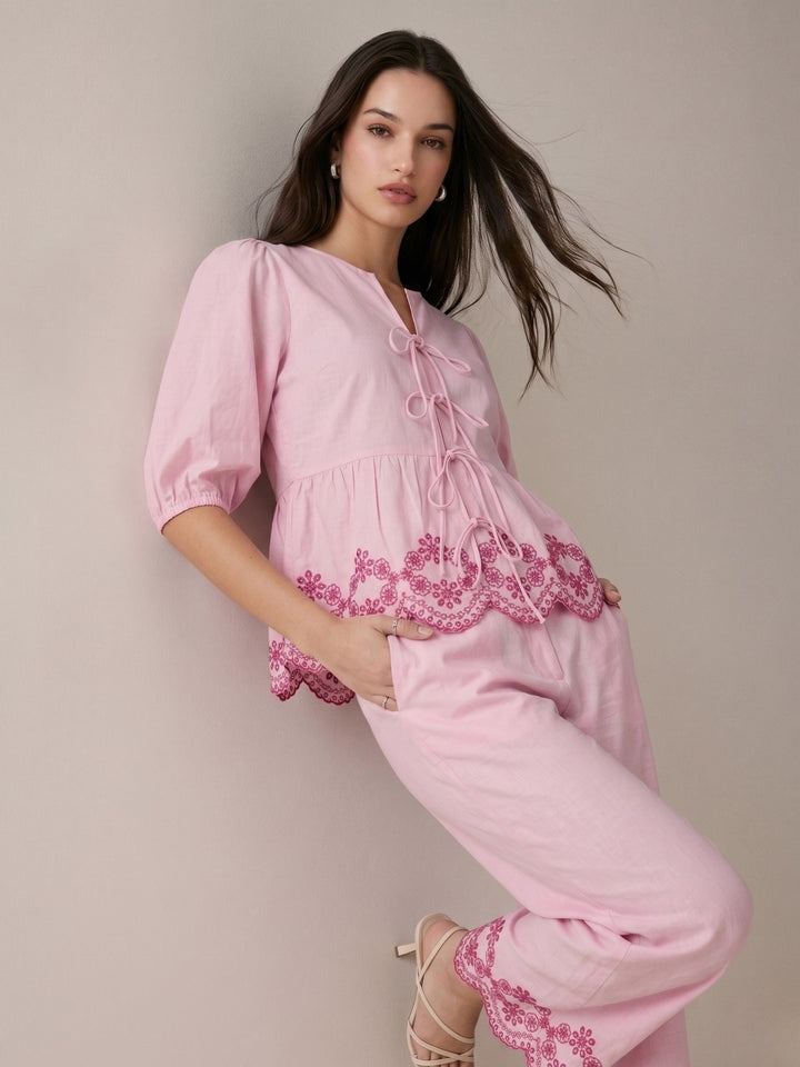 Pink Contrast Schiffli With Regular Fit Shirt Paired With Wide Leg Trouser