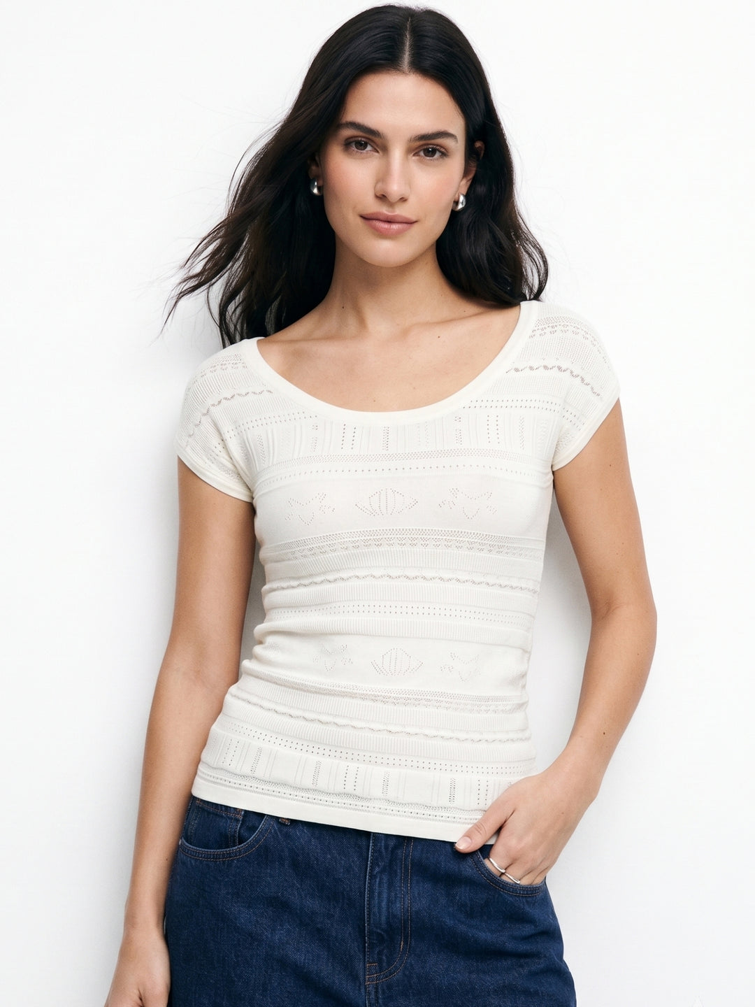 Off White Round Neck Crochet Styled Top