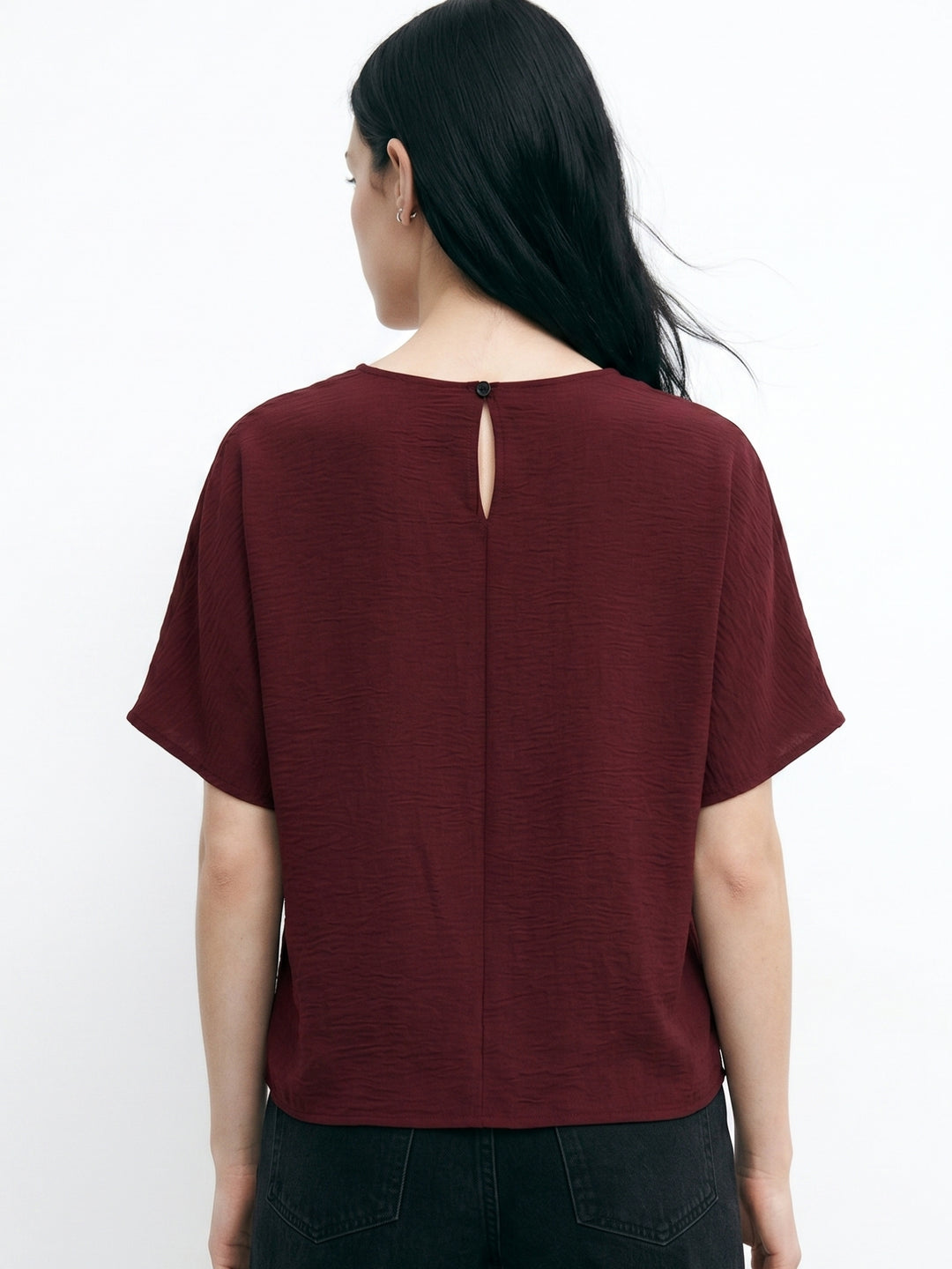 Wine Waist Tie-Up Crew Neck Tops