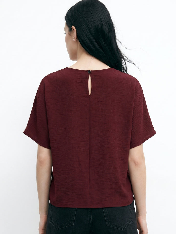 Wine Waist Tie-Up Crew Neck Tops