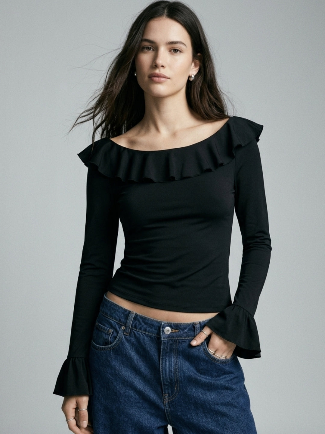 Black Ruffle Sleeve Boat Neck Top